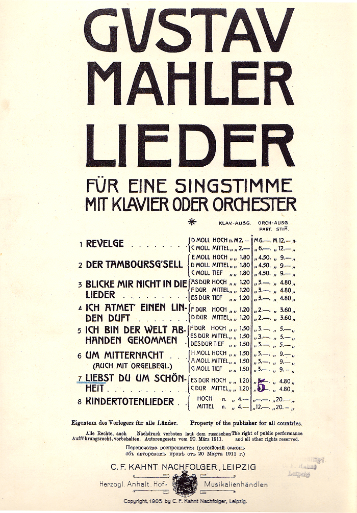 Colour facsimile of title page G, with '5' printed in purple ink over the price of the orchestral scores of Liebst du um Sch�nheit