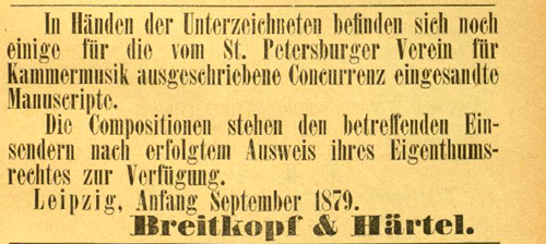Coulour facsimile of the notice placed in the Signale f�r die musikalische Welt by Breitkopf & H�rtel.