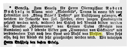 Facsimile of the announcement of the performance of Der Trompeter von Sakkingen with the music by Mahler in 1889 (General-Anzeiger f�r Hamburg-Altona, 95 (24 April 1889), 2�3)