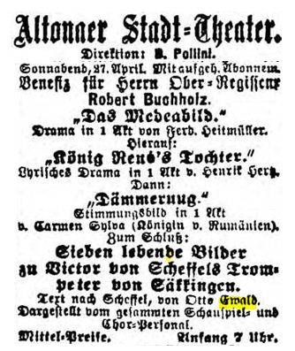Facsimile of the announcement of the performance of Der Trompeter von Sakkingen with the music by Mahler in 1889 (General-Anzeiger f�r Hamburg-Altona, 26 & 27 April 1889, 8)