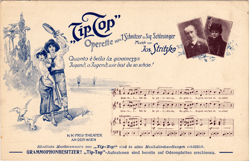 Colour image of a postcard advertising Tip-Top;Includes two photographs (unidentified), an illustration, and the opening of the vocal score of the number Quanto � bella la gioviezza 