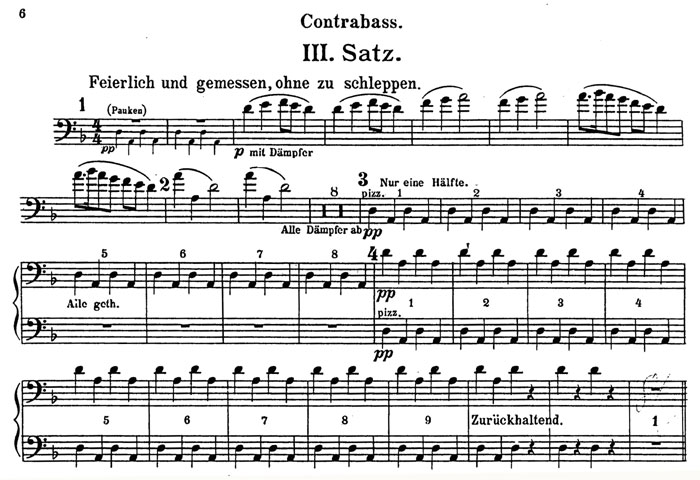 Mahler, Symphony No. 1, double bass part, first edition (PO1), first 39 bars of the third movement